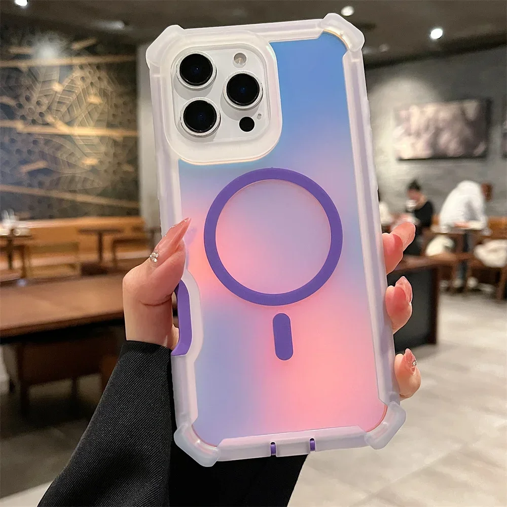 Capa Magnética Para Celular (iphone 16 Pro Roxo), Com Efeito Degradê A Laser Aurora Boreal, Capa Protetora À Prova De Choque.