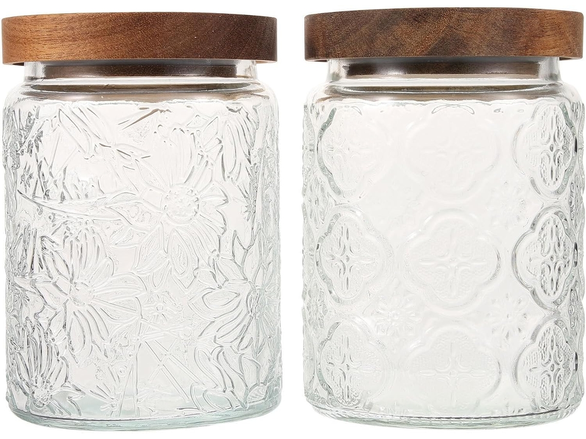 Conjunto De 2-potes Vidro Herméticos 700ml Com Tampas Madeira