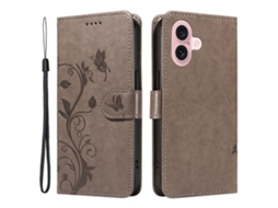 Capa Em Couro Pu Padrão De Flor E Borboleta Para Apple Iphone 16 - Cinzento