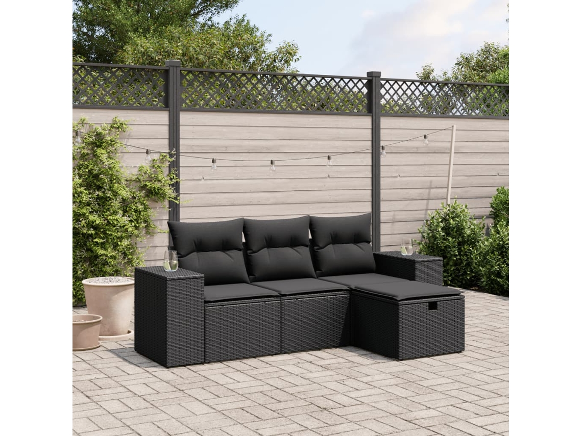 4 Pcs Conjunto de Móveis de Jardim - Conjunto de Sofás para Jardim C/ Almofadões Vime Pe Preto HARLANV1