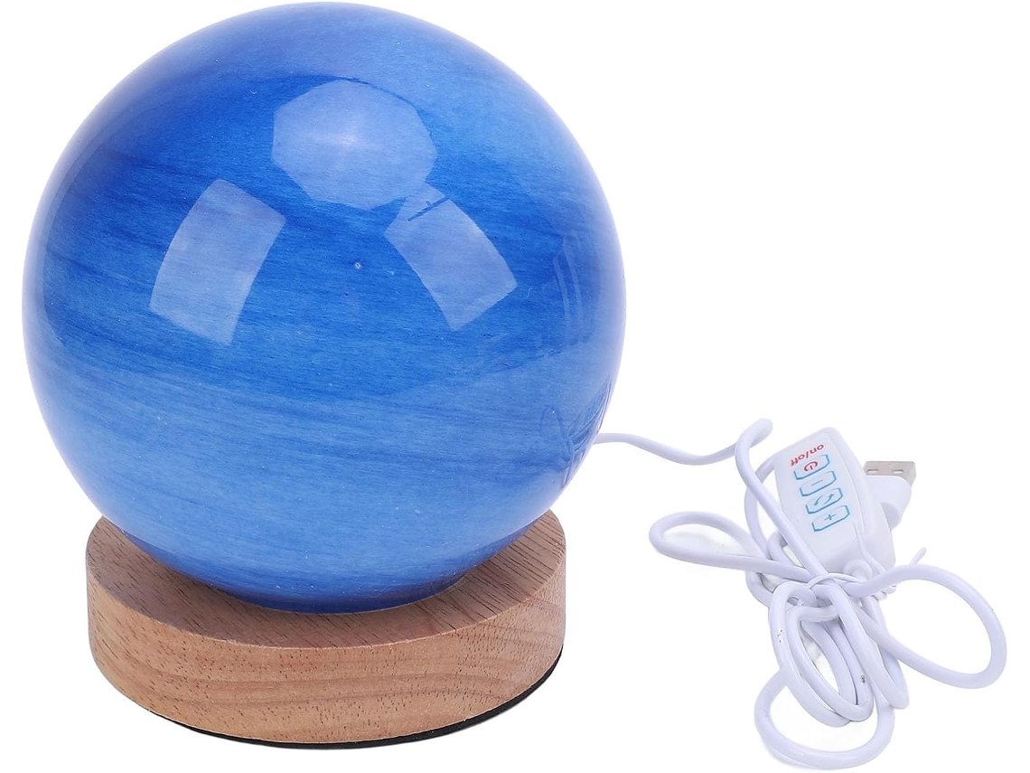 Luminária de mesa Asixxsix para quarto, com esfera de vidro azul e base de madeira, 3 temperaturas de cor e intensidade de luz.