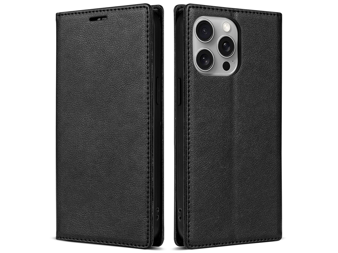 Capa Em Couro Pu Magnético Para Iphone 16 Pro Max - Preto