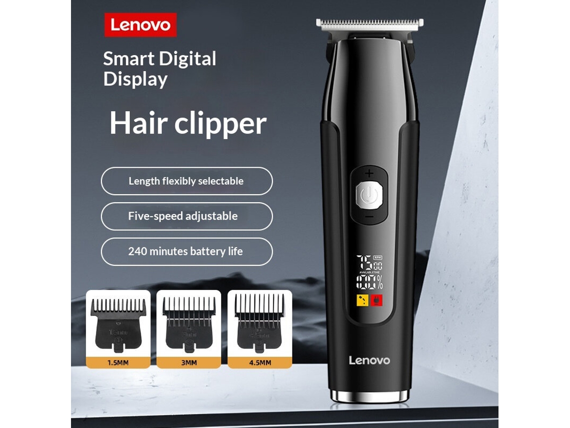 Preta Lenovo Máquina Cortar Cabelo Visor Led 7000rpm 5 Velocidades 240min Sem Fio Usb 3 Pentes Guia Corte Casa