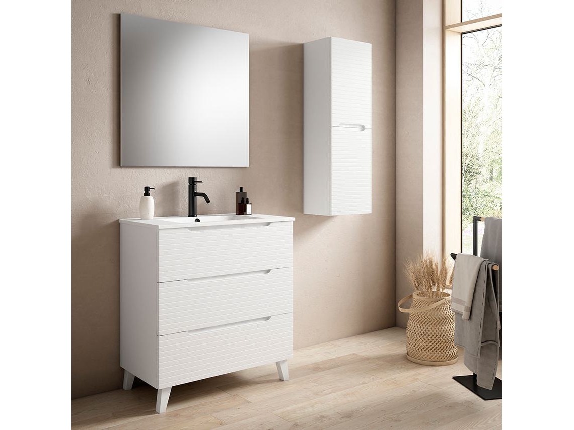 Móveis de casa de banho com lavatório, espelho e aplique LED BOREAL 100x45 cm acabamento branco mate 3 gavetas com pés