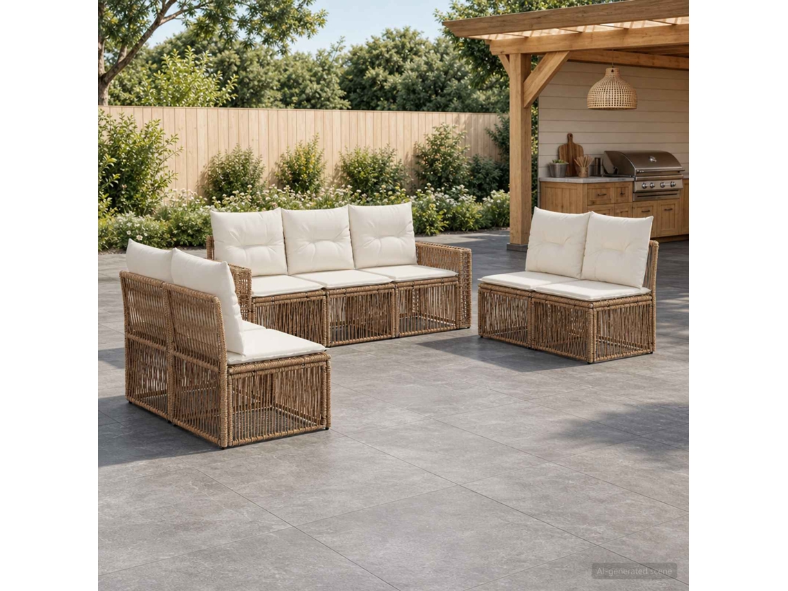 Vidaxl Conjunto De Sofá De Jardim 7 Unid. Bege E Branco Creme Vime Pe