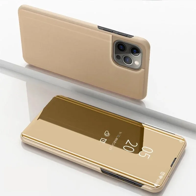 Capa Para Iphone 12 Dourada Capa Flip Espelhada Inteligente,suporte Em Couro Com Revestimento Eletrolítico,capa Traseira Resistente A Impactos