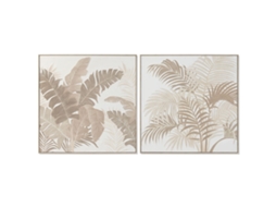Pintura Home Esprit Branco Natural Folhas Tropical Com Relevo 102,5 X 4,5 X 102,5 Cm (2 Unidades)