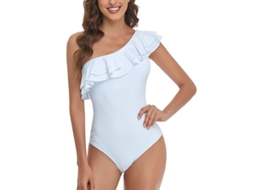 Maiô feminino de uma manga só com babados nas costas e modelagem justa.