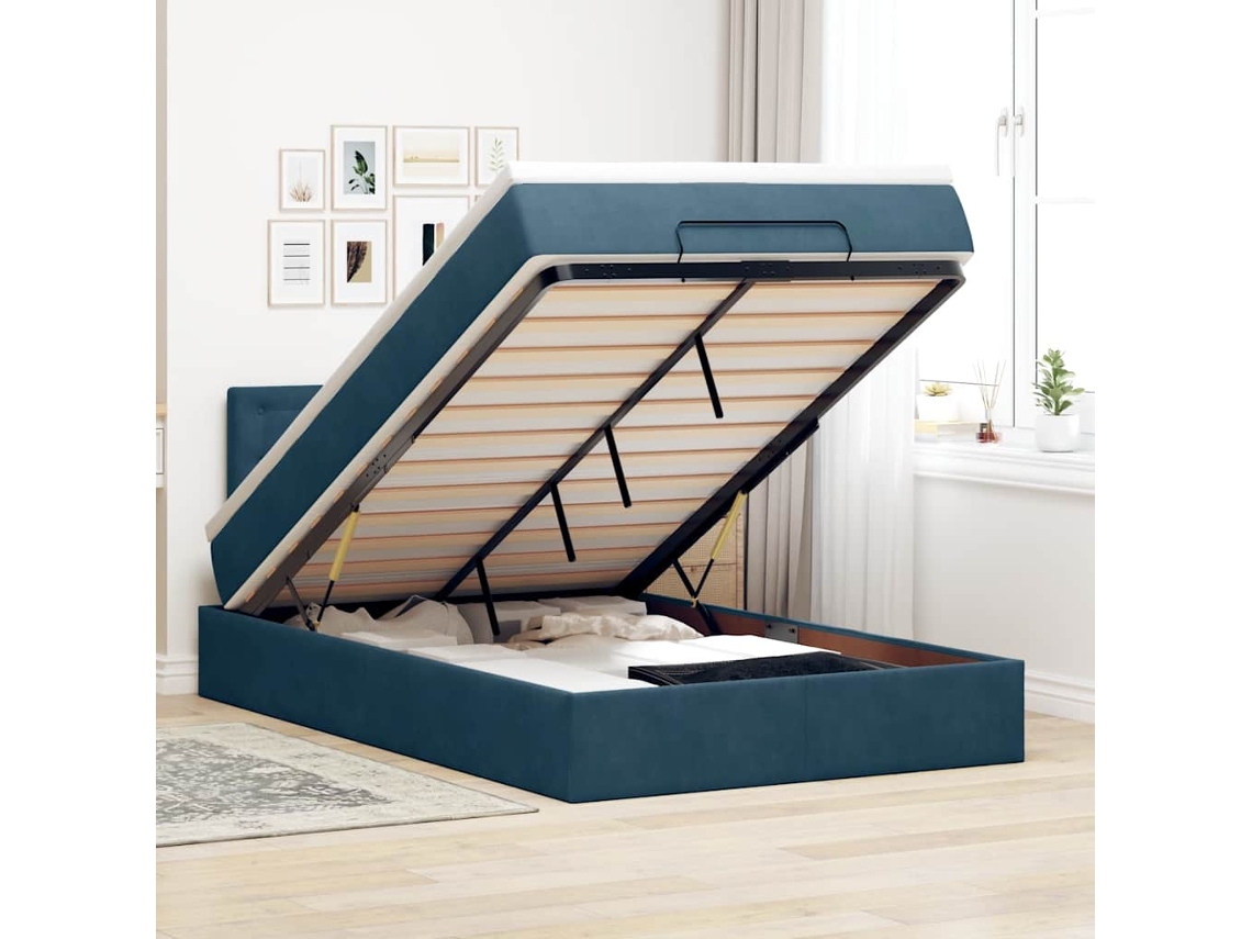 Vidaxl Estrutura Cama Otomana Colchão 120x200cm Veludo Azul Escuro