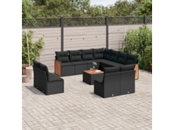 Conjunto de Sofá de Jardim 12 Peças C/ Almofadões Vime Pe Preto Dkd Home Decor