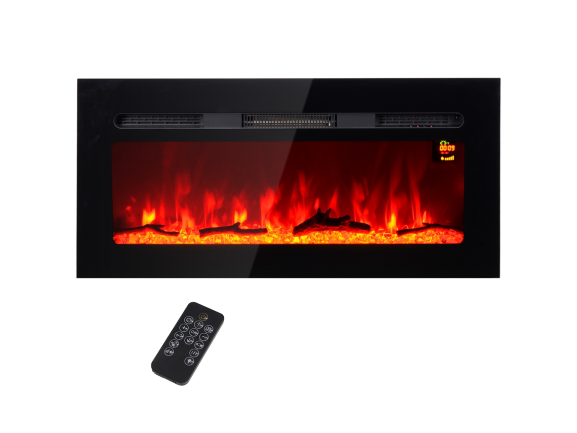 Lareira Elétrica com Suporte de Parede e Controle Remoto, Troncos e Cristais Artificiais, 1800w de Potência, Hachi Black