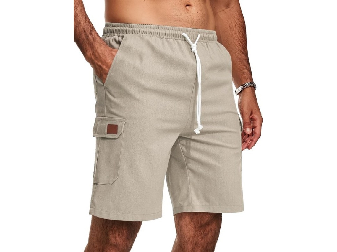 Calçados Da Escolha - Calça Curta Homem - Calça De Linho Claro - Bermuda De Verão - Calça De Lazer Com Bolsos - Cintura Regulável - Respirável E Confo