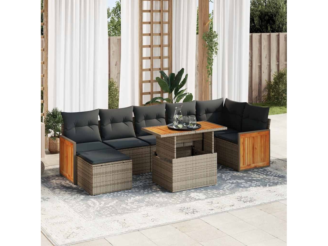 Vidaxl 8 Pcs Conjunto Sofás Jardim Almofadões Vime Pe/acácia Cinzento