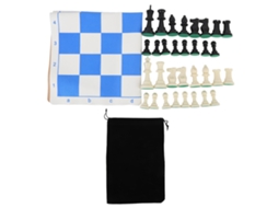 Conjunto de xadrez com tabuleiro de PU azul e branco, 32 peças de plástico e bolsa para festas | S/MARCA