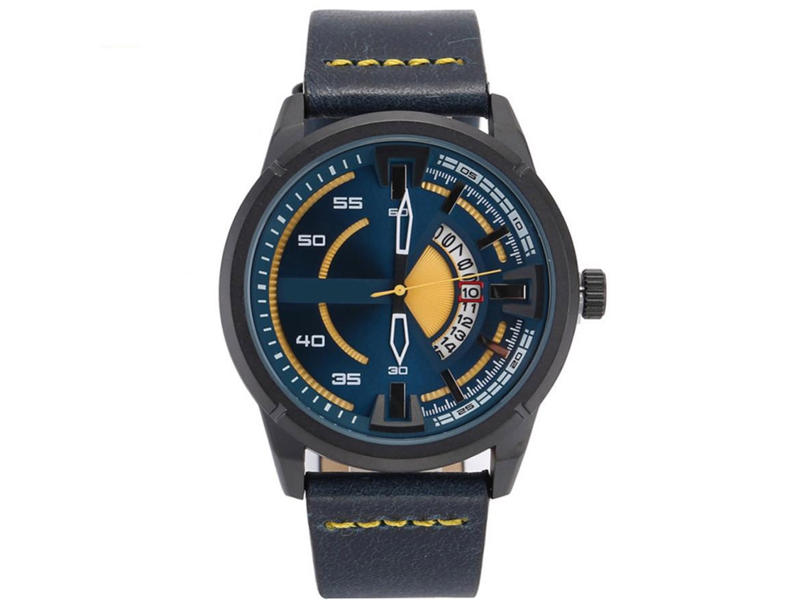 Relógio de pulso masculino com calendário, mostrador em couro, design moderno com movimento de quartzo 01