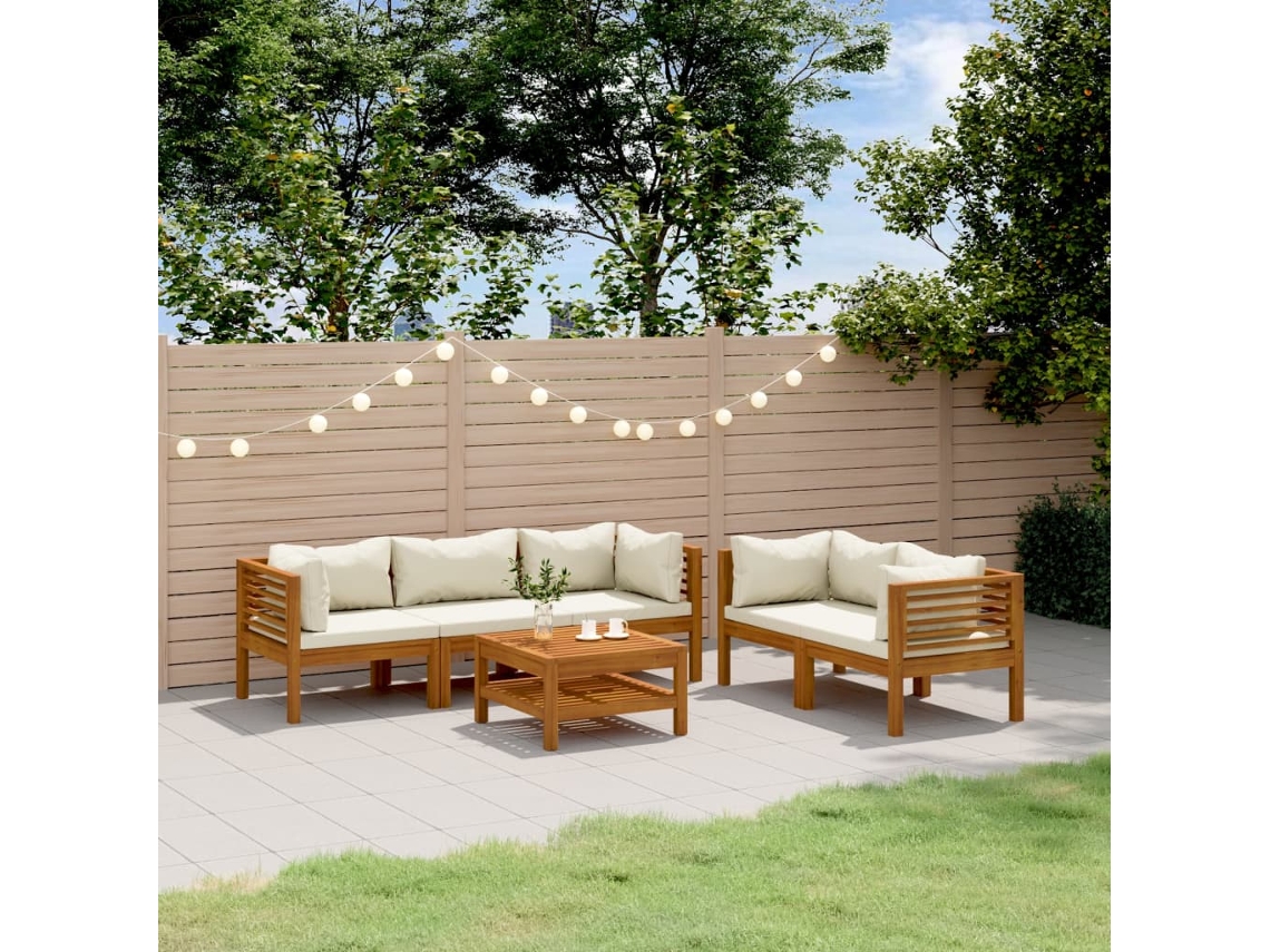 Vidaxl 6 Pcs Conjunto Lounge Jardim C/ Almofadões Creme Acácia Maciça