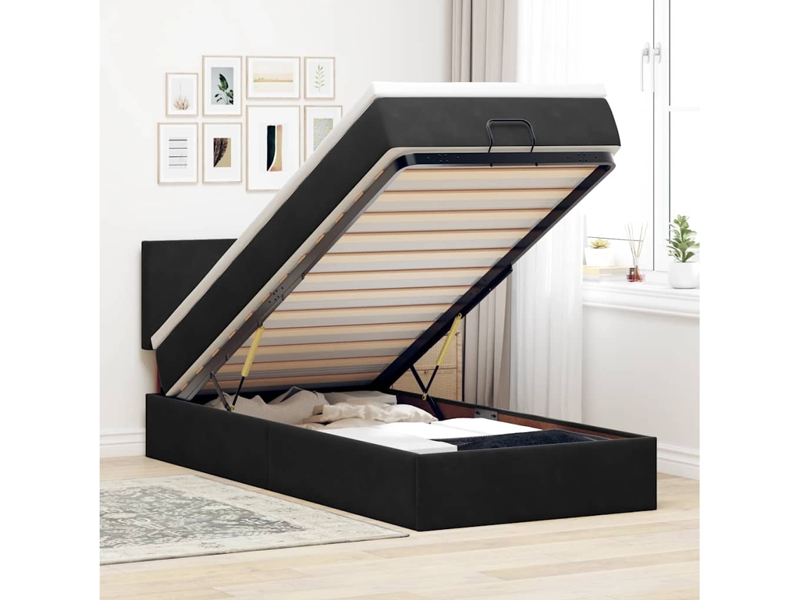 Estrutura de cama otomana com colchão preto veludo