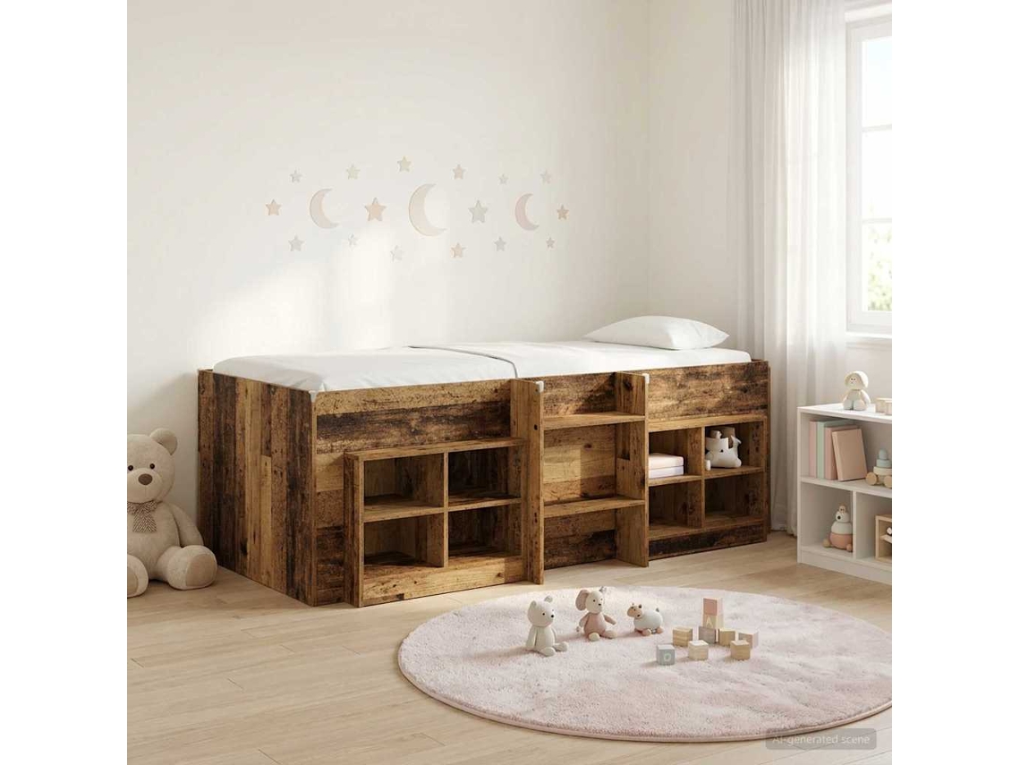 Vidaxl Cama Loft Com Armário Com Prateleira 3 Unid. Madeira Antiga