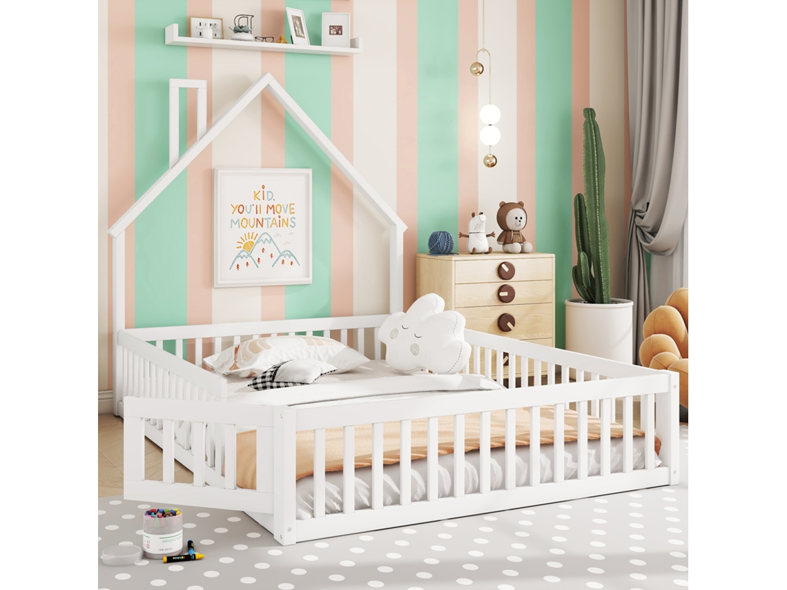 Cama Infantil 140x200 Cm Chaminé Latão Pinho Branco Minimalista Sem Colchão