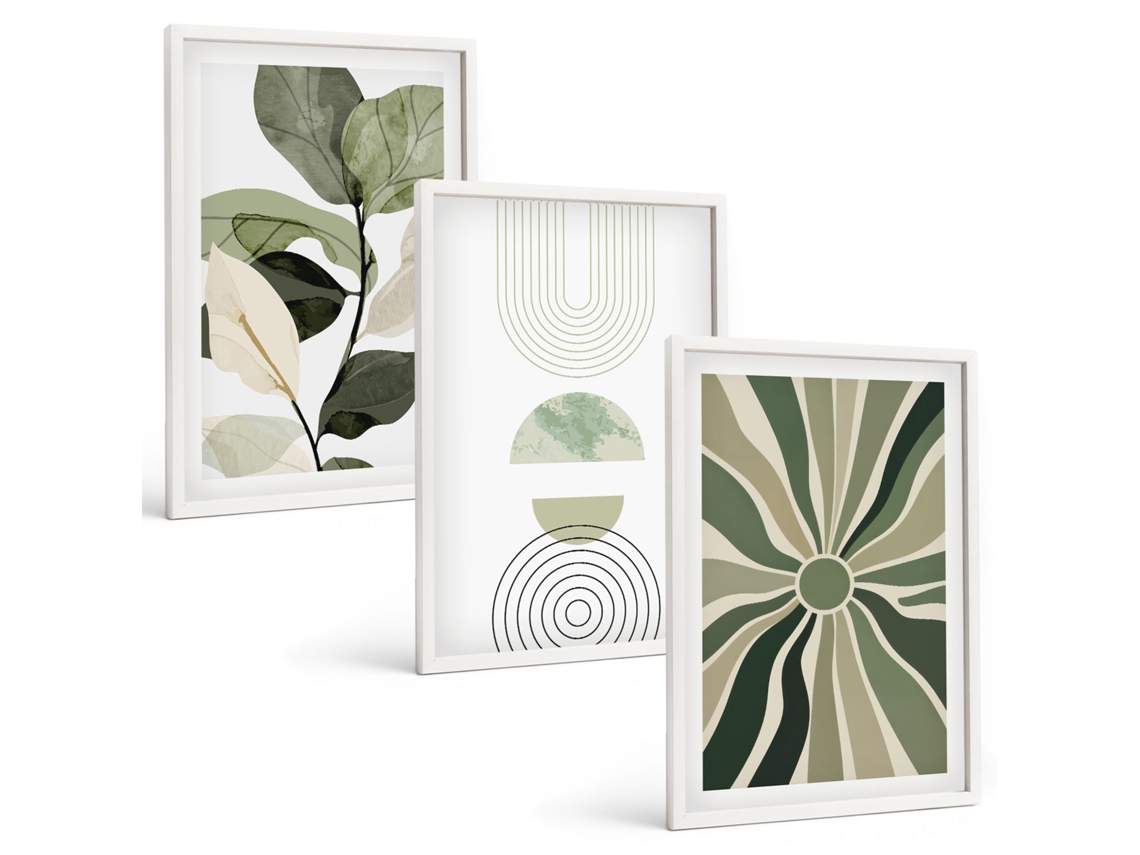 Conjunto De Pinturas Motivos Vegetais, Geometria Verde Espelharte (3 Peças 40x60 Cm)