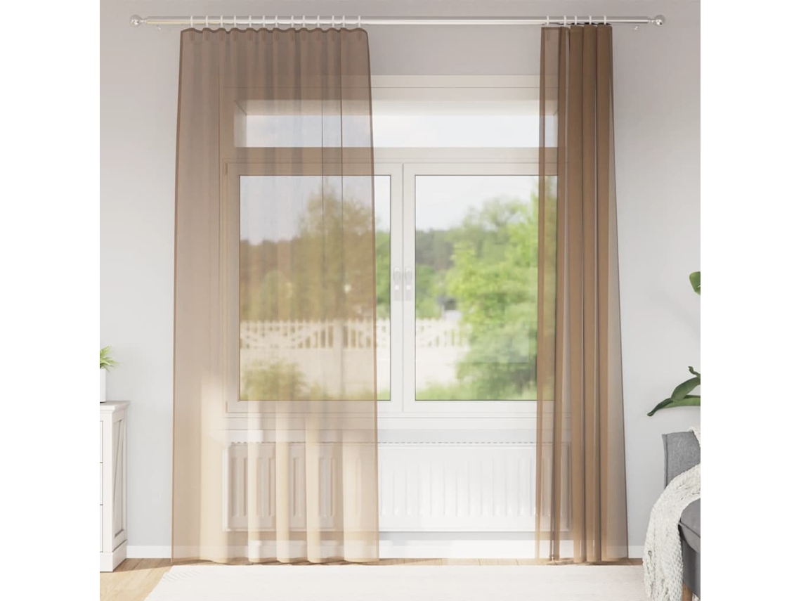 Vidaxl Cortinas De Voile Com Bolsos Para Varão 2 Pcs Castanho-claro