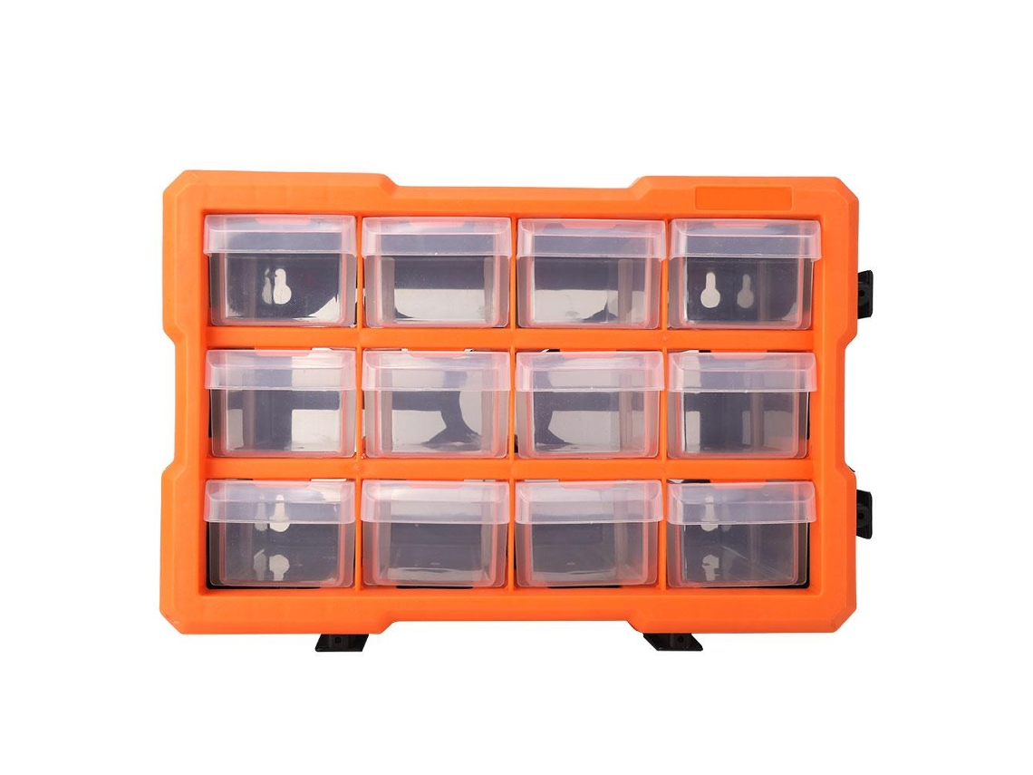 Caixa organizadora para pequenos objetos com 12 compartimentos, ideal para gavetas e ferragens.