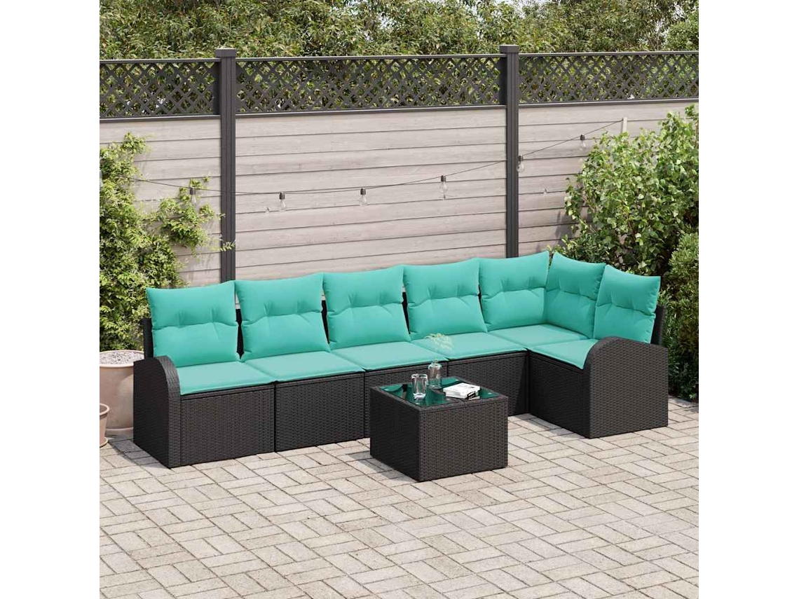 Vidaxl Conjunto De Sofá De Jardim 7 Pcs Preto E Turquesa Vime Pe