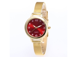 Relógio de pulso unissex Zhoulianfa com pulseira de malha, mostrador redondo e quartzo vermelho.