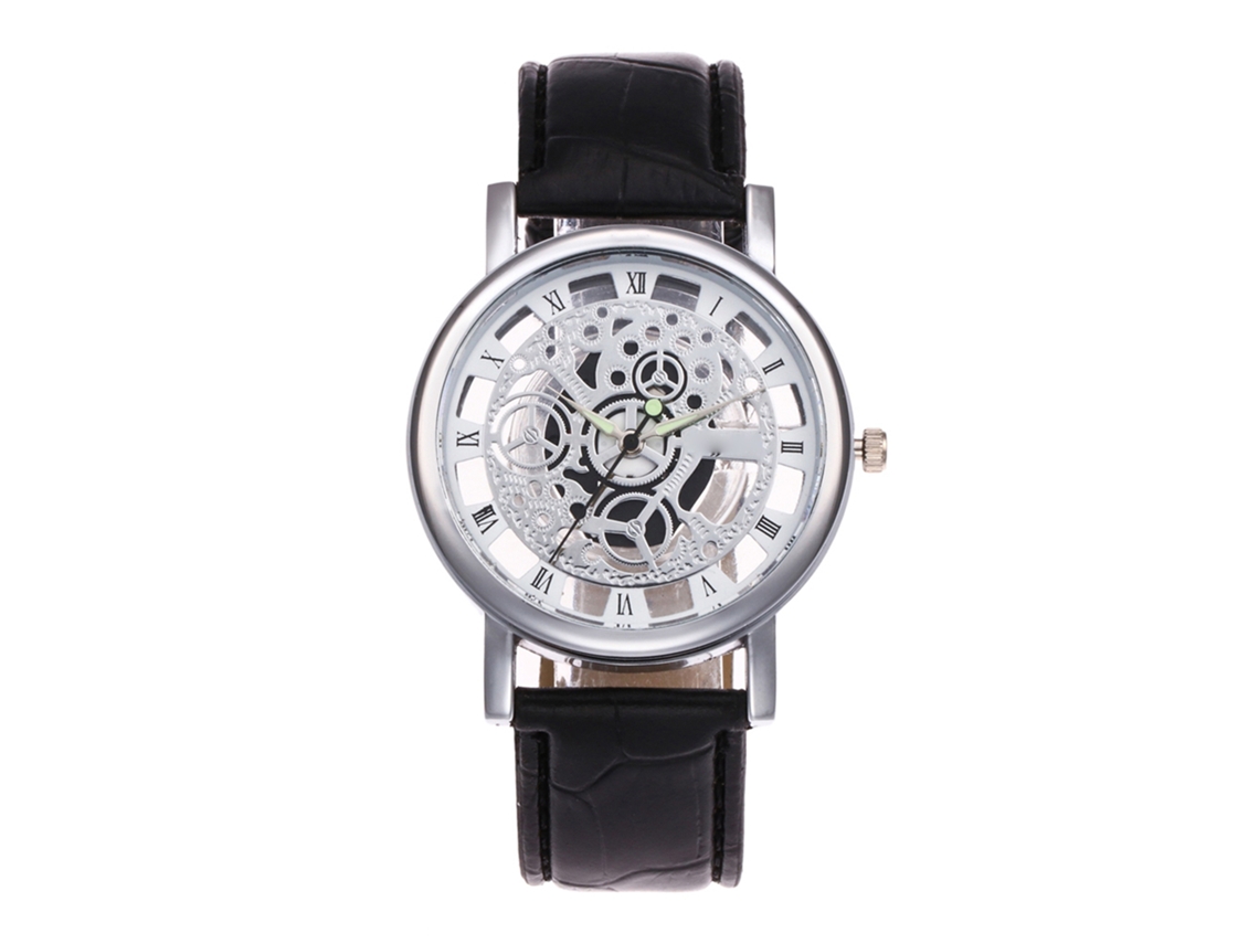 Reloj De Muñeca Analógico De Cuarzo Redondo Con Correa De Pu Para Hombre Y Mujer (plata Negro)