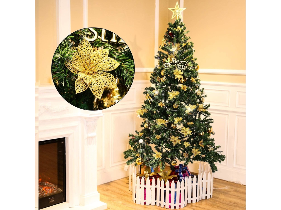 24 Enfeites De Árvore De Natal Com Glitter E Flores De Natal Olysi Shop (dourado)