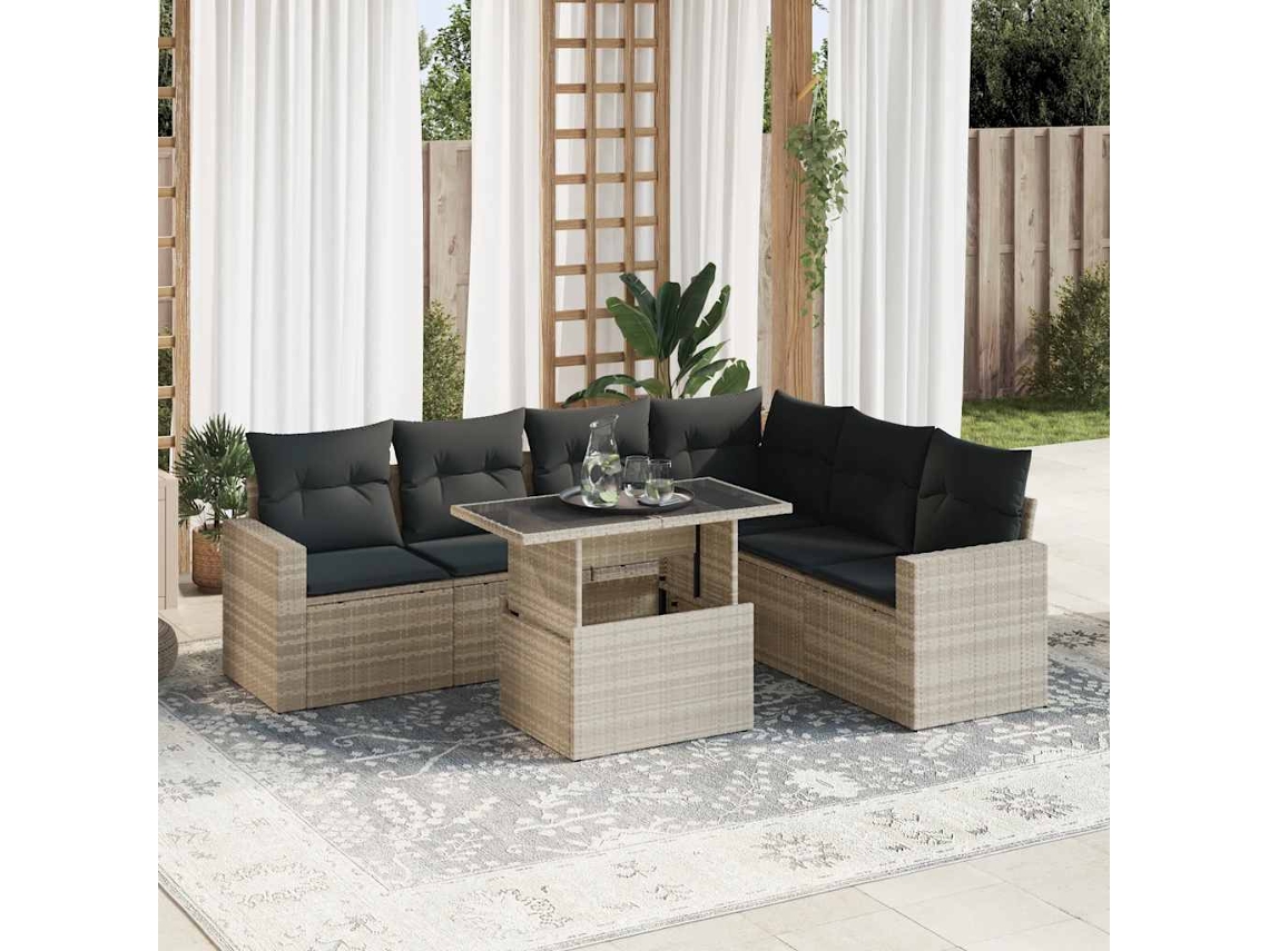 Vidaxl 7 Pcs Conj. Sofás Jardim com Almofadões Vime Pe Cinzento claro