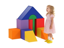 Conjunto educativo com 11 blocos grandes de espuma coloridos, ideal para empilhar, brincar e desenvolver habilidades em crianças de 1 a 3 anos.