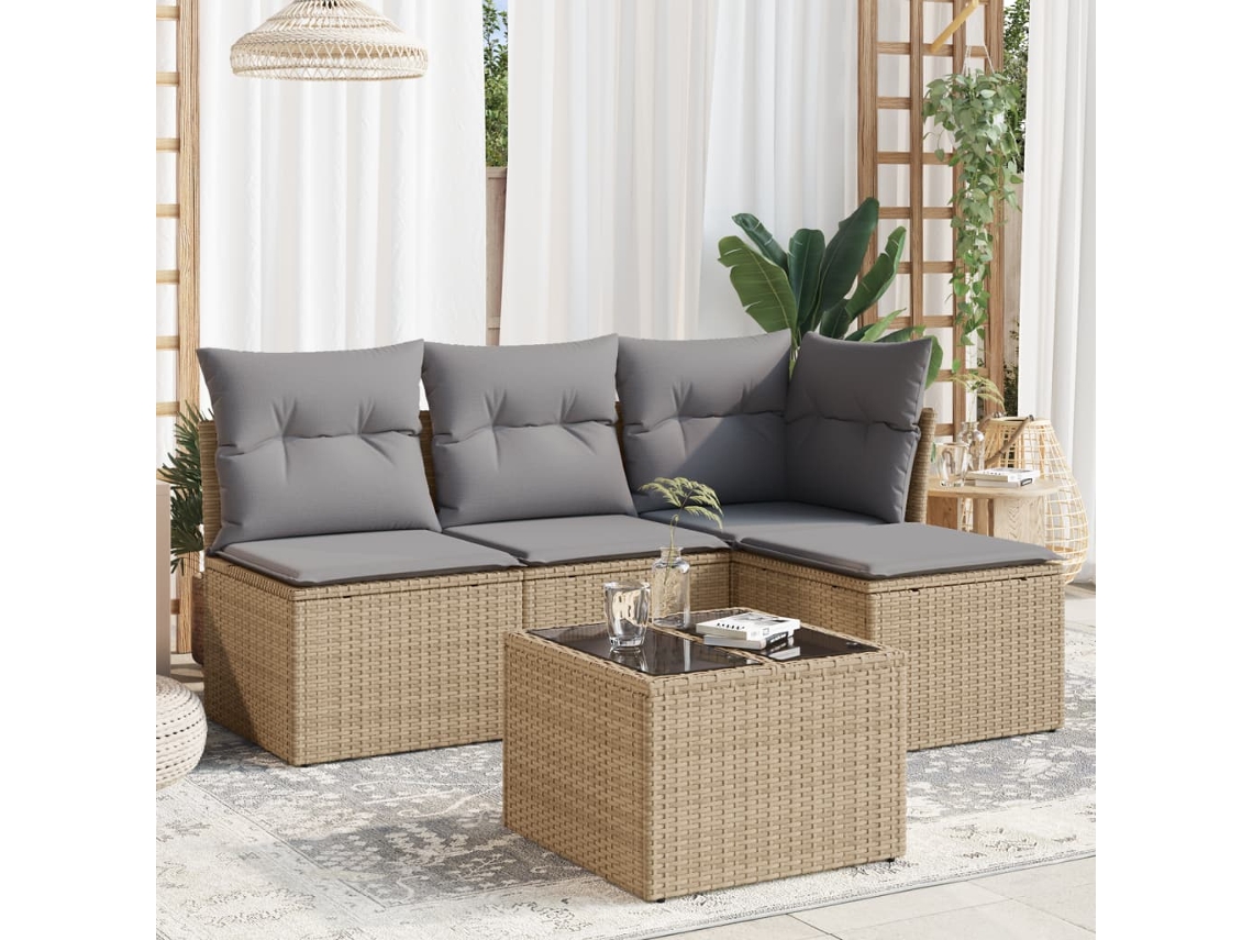 Vidaxl 5 Pcs Conjunto De Sofás P/ Jardim Com Almofadões Vime Pe Bege