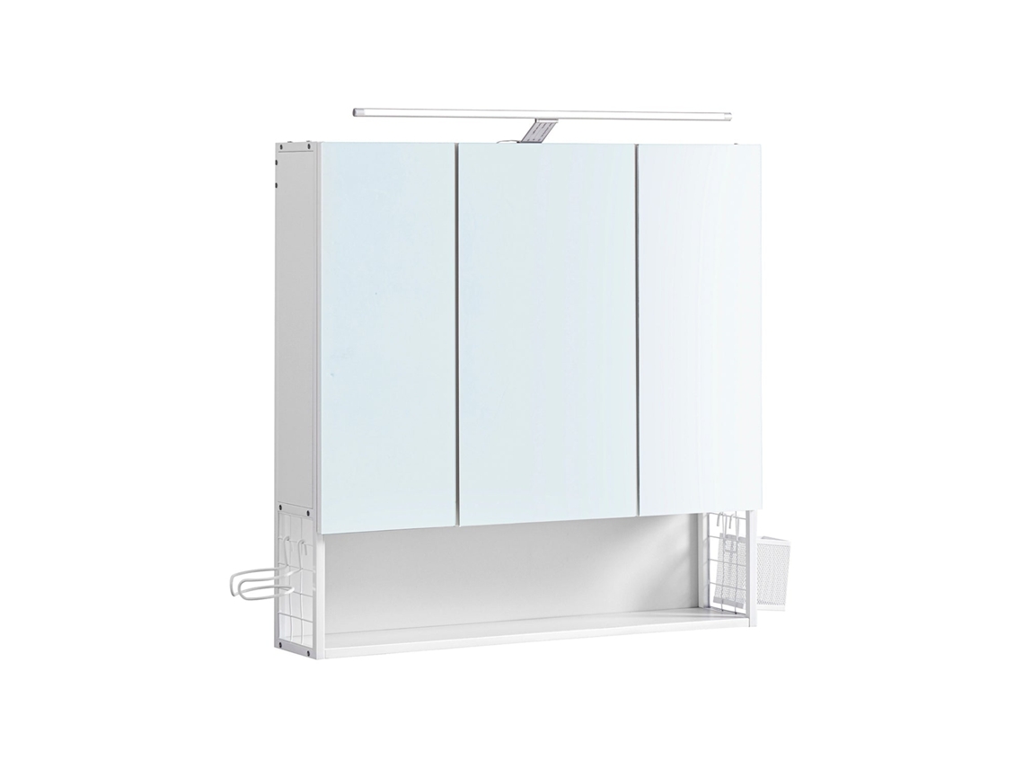 Armário De Banheiro Branco Rootz - Organizador Armazenamento Aglomerado, Aço E Vidro Prateleiras Ajustáveis ​​- Suporte Para Secador Cabelo