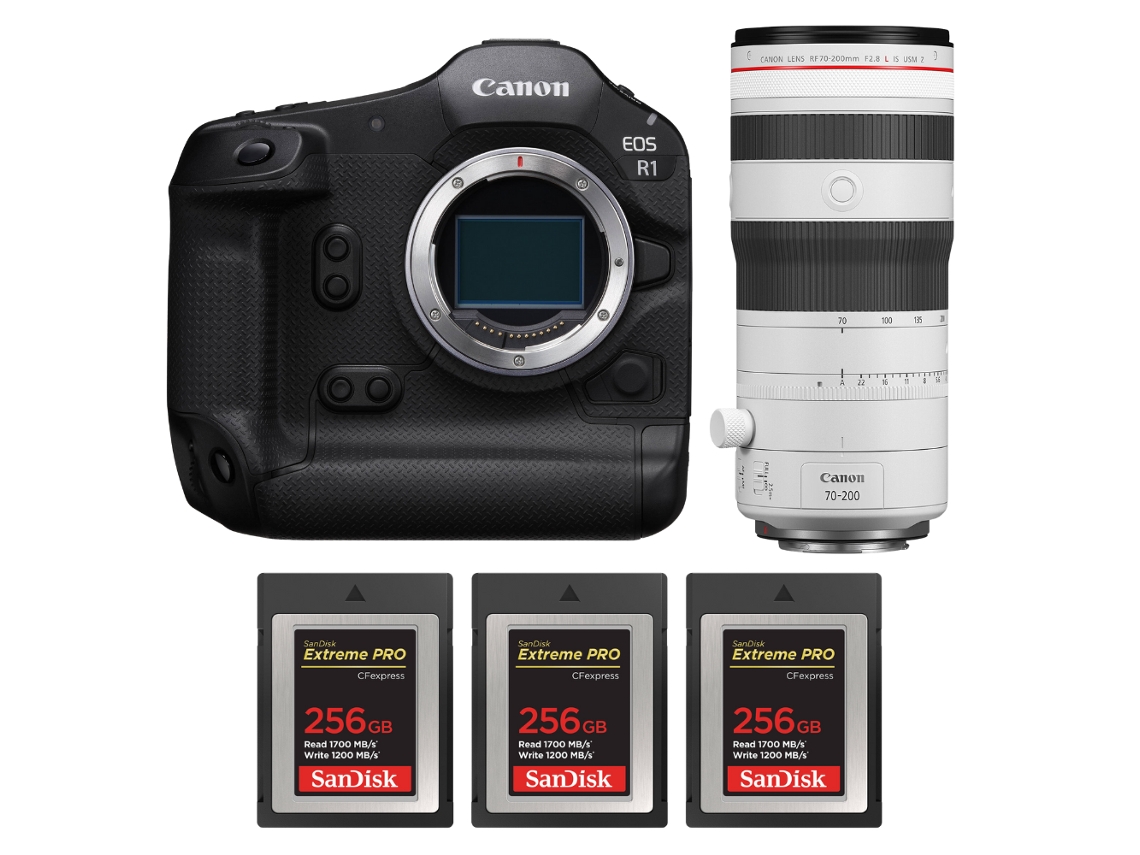 Eos R1 + Rf 70 200mm F/2.8 L Is Usm Z Branco + 3 Sandisk 256gb Extreme Pro Cfexpress Type B + Ebook “20 Dicas para Fotos Que Impressionam” CANON