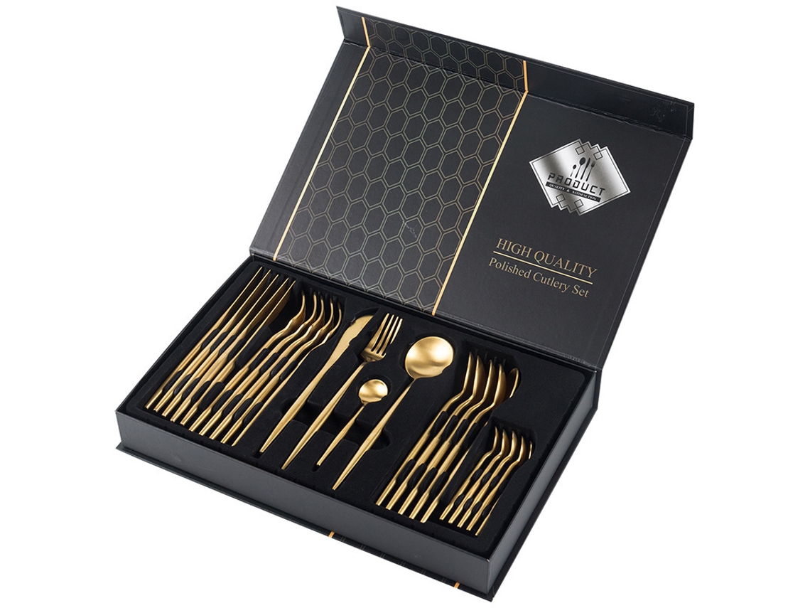 Conjunto De Talheres De Aço Inoxidável (24 Peças - Banhado A Ouro) Com Facas, Garfos E Colheres.