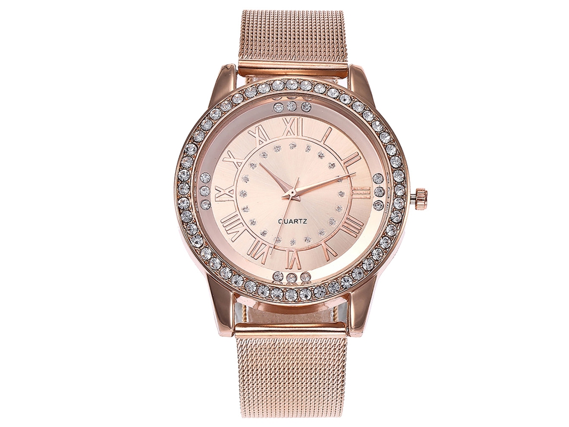 Reloj De Pulsera Unisex De Moda Con Correa De Malla Diamante Oro Rosa Cuarzo