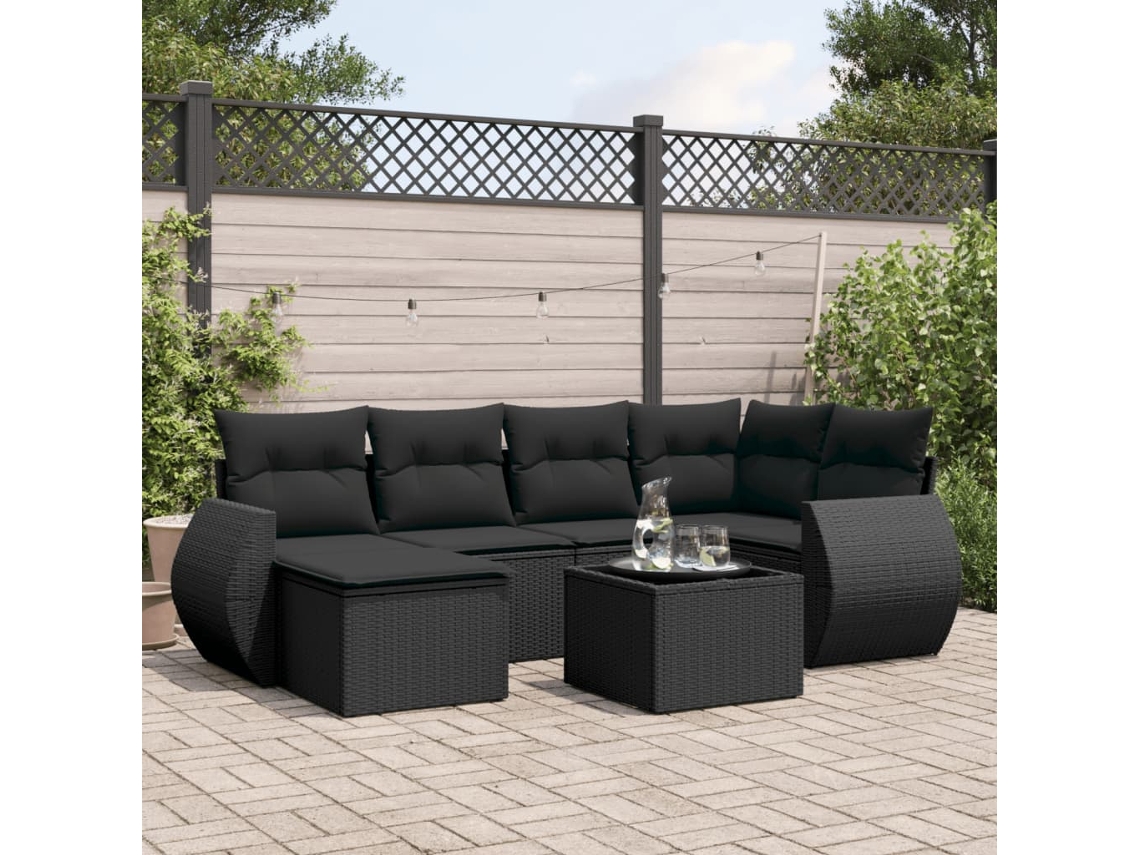 7 Pcs Conjunto De Sofás P/ Jardim C/ Almofadões Vime Pe Preto Dkd Home Decor