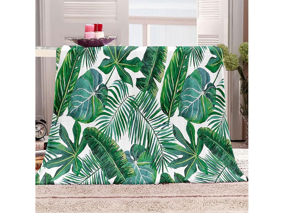 Manta com Estampa de Folhas Verdes em Microfibra 70x100cm