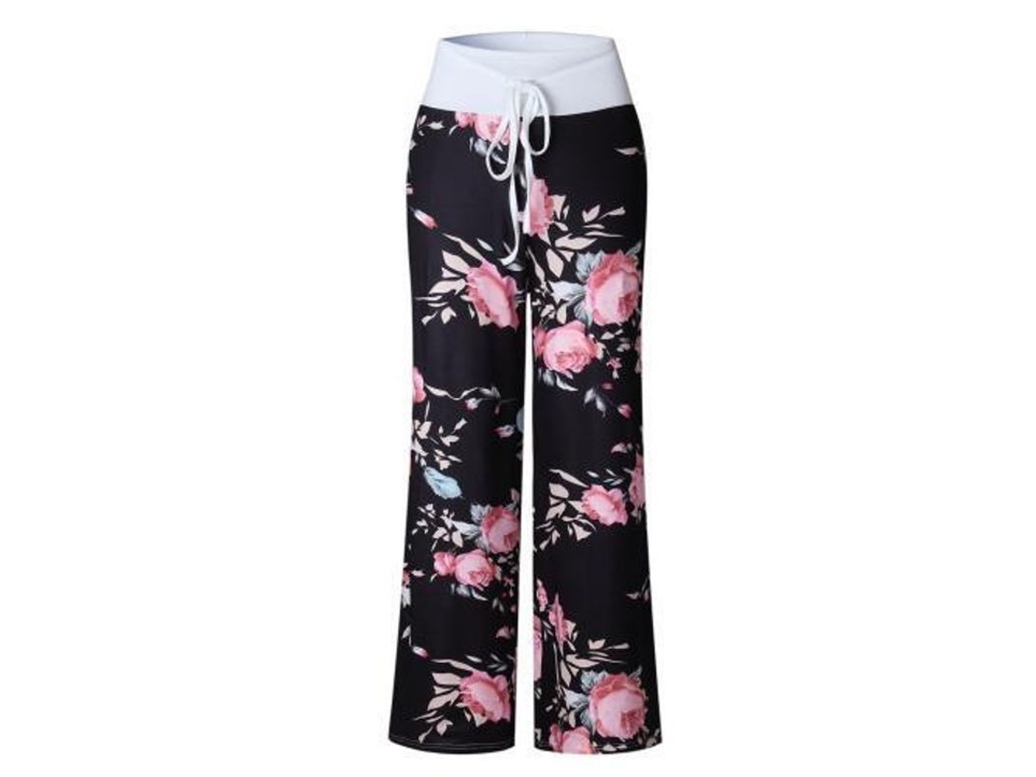 2026 pantalones de Descanso Amplios Con Cordón Elástico Estampado Floral para Mujer, Cómodos Y Elásticos S Black1