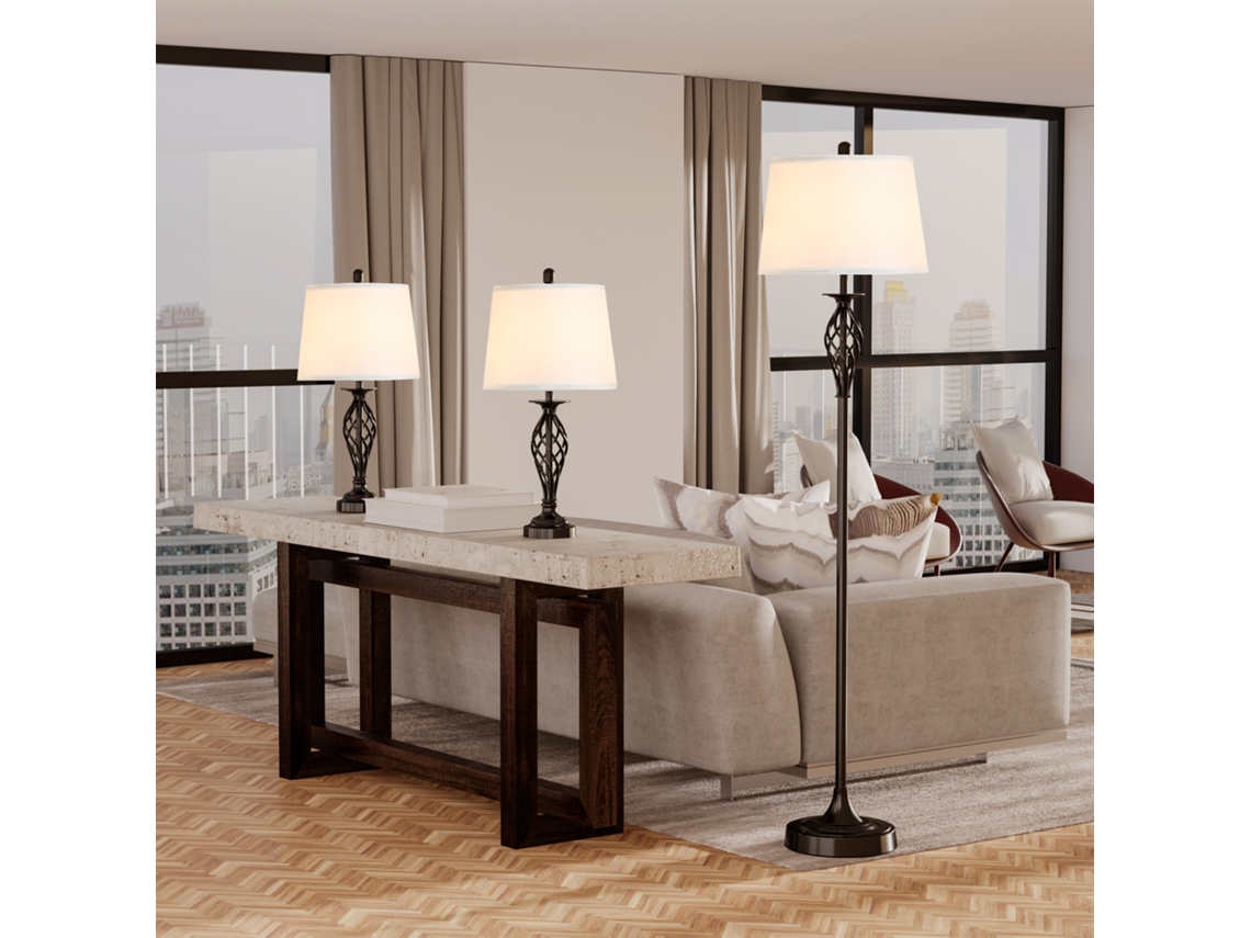 Conjunto De 3 Lâmpadas Vintage 2 De Mesa E 1 De Pé Em Preto E Branco, Metal E Algodão, Para Sala De Estar Ehstmind (mesa Ø38cm, Pé Ø62cm)