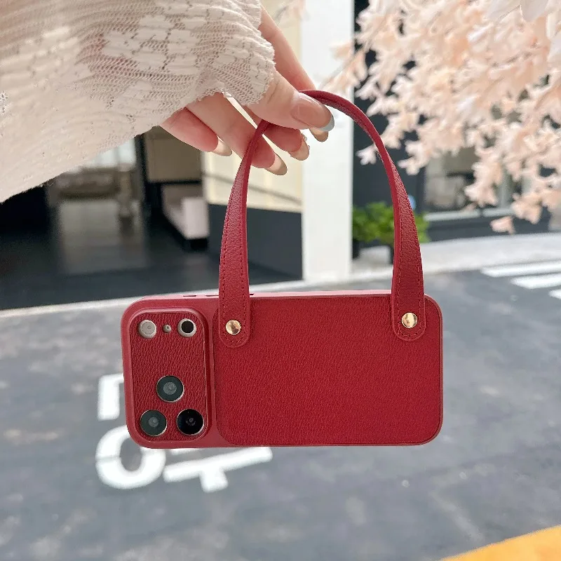 Capa De Couro Genuíno Para Iphone 17 (vermelha), Com Alça De Pulso, Resistente A Impactos E Portátil.