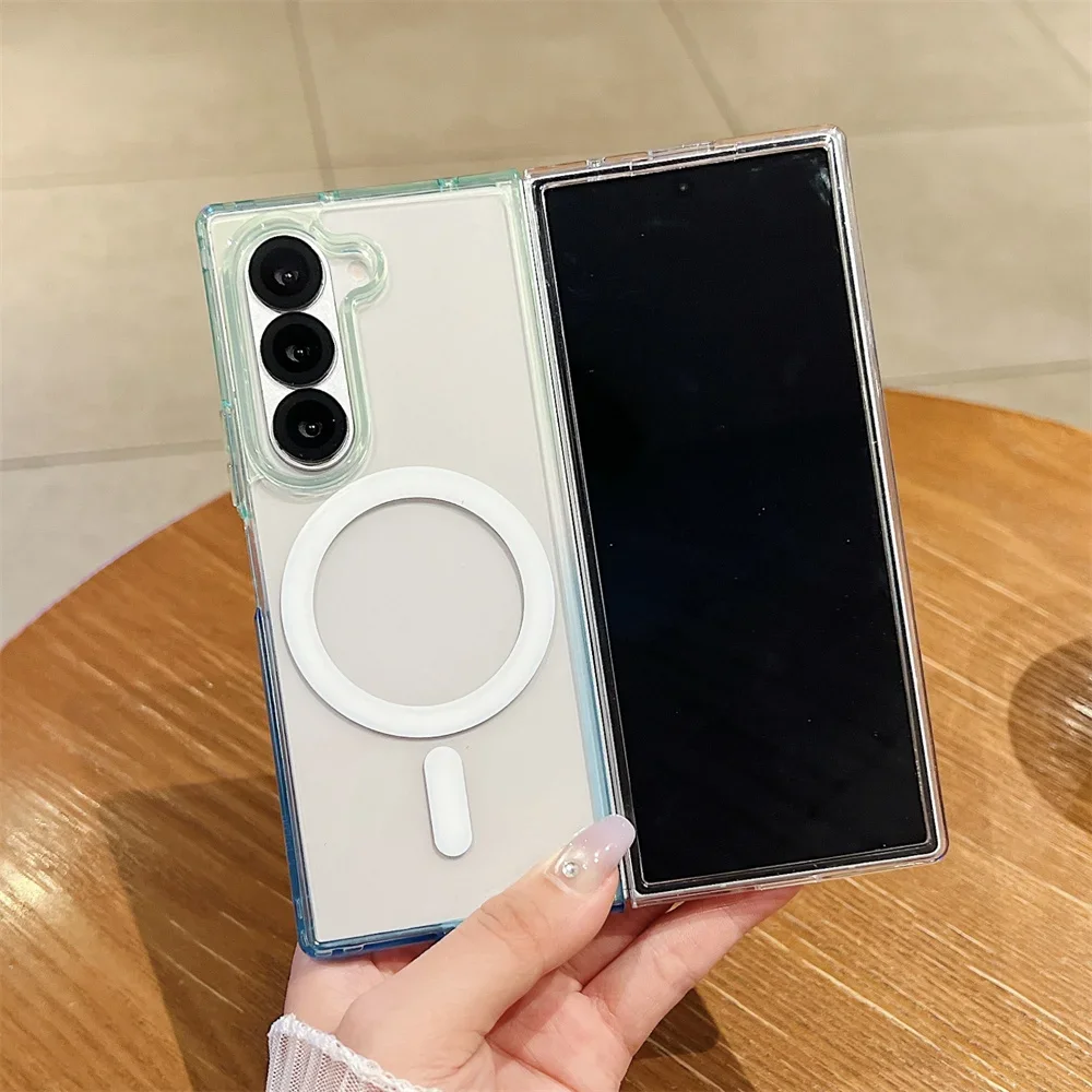 Capa Transparente Com Gradiente (verde, Galaxy Z Fold4) Para Celular, À Prova De Quedas E Com Carregamento Sem Fio Magnético.