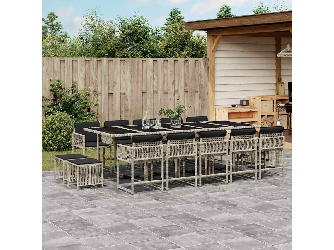 Vidaxl 15 Pcs Conj. Jantar Jardim C/ Almofadões Vime Pe Cinzento-claro