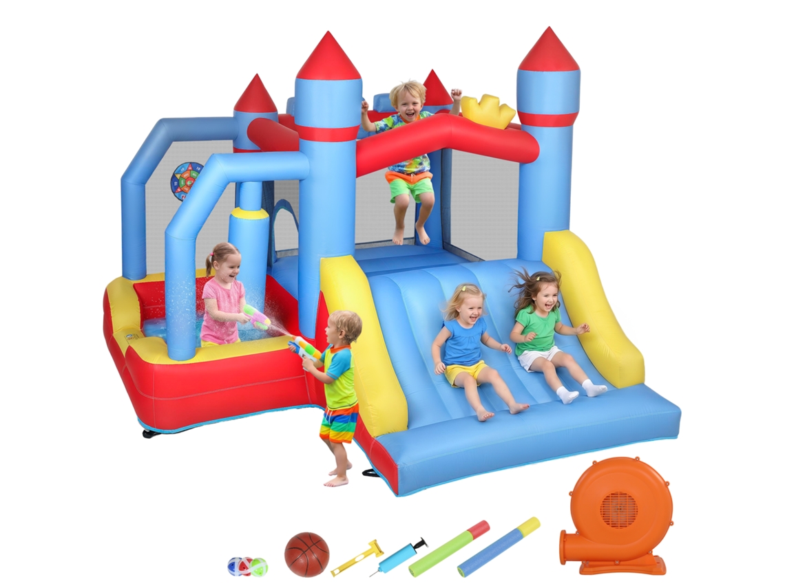 Castelo Insuflável C/ Soprador, Escorrega, Trampolim, Piscina, Coluna Boxe, Cesto, 277x270x215cm.