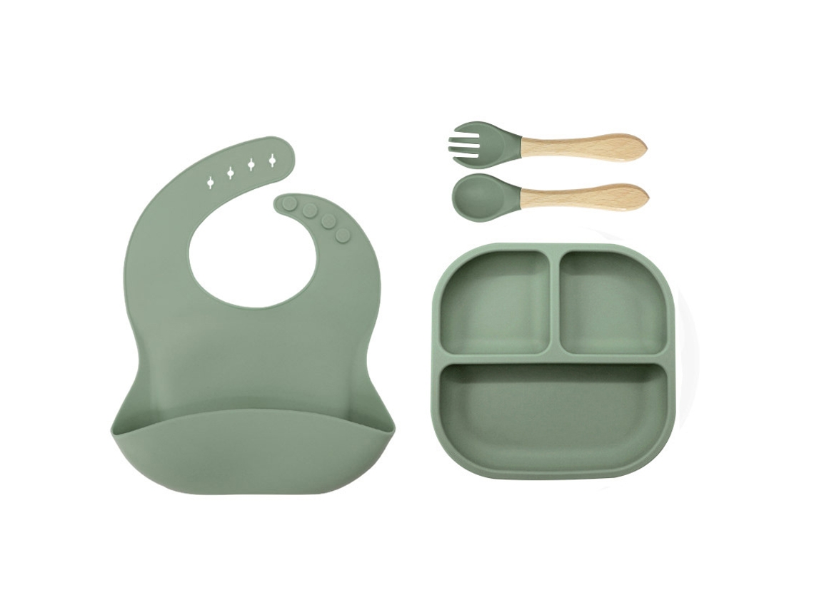Talheres Infantil de Silicone 4 em 1 com Prato, Babete, Colher e Garfo,verde GERTIZ