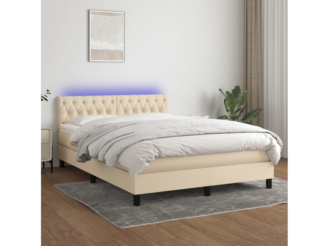 Vidaxl Cama Box Spring C/ Colchão E Led 140x200 Cm Tecido Cor Creme