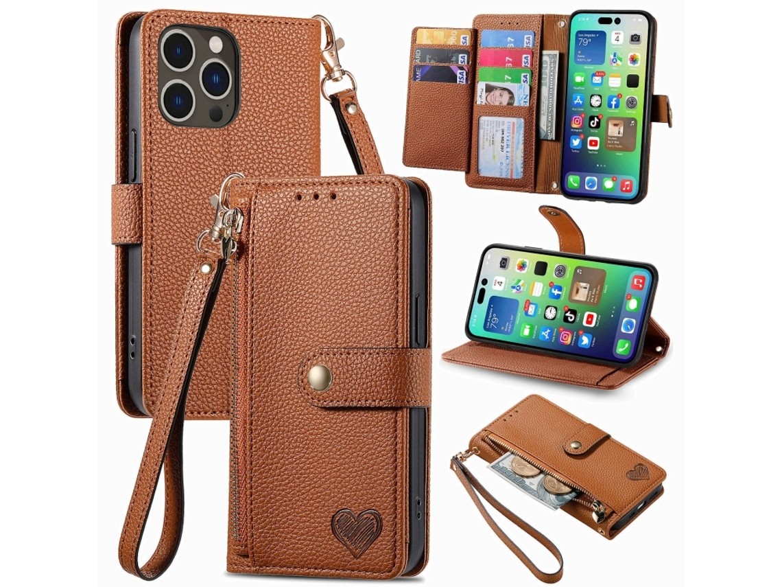 Capa De Couro Com Cordão E Zíper Love Para Iphone 16 Pro