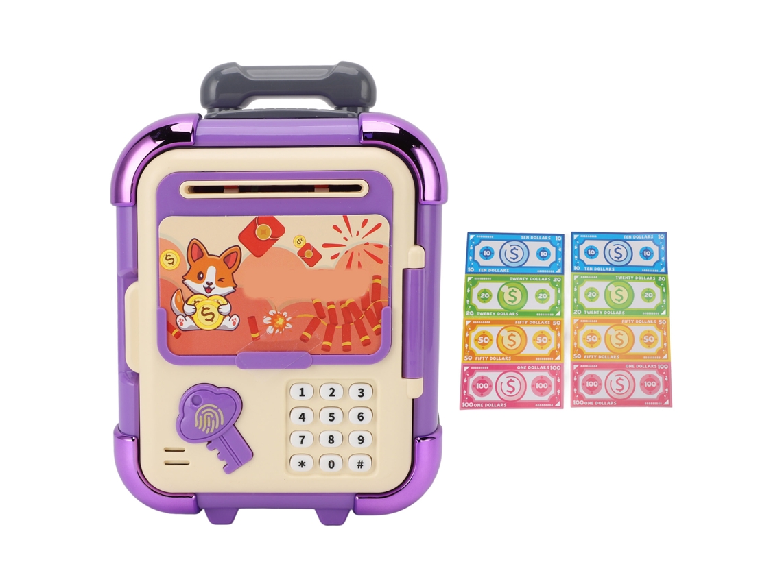 Ats caja de Ahorros Maleta Con Cierre de Huella Digital Y Contraseña, Música Y Luz, Juguete Seguro para Niños, Violeta