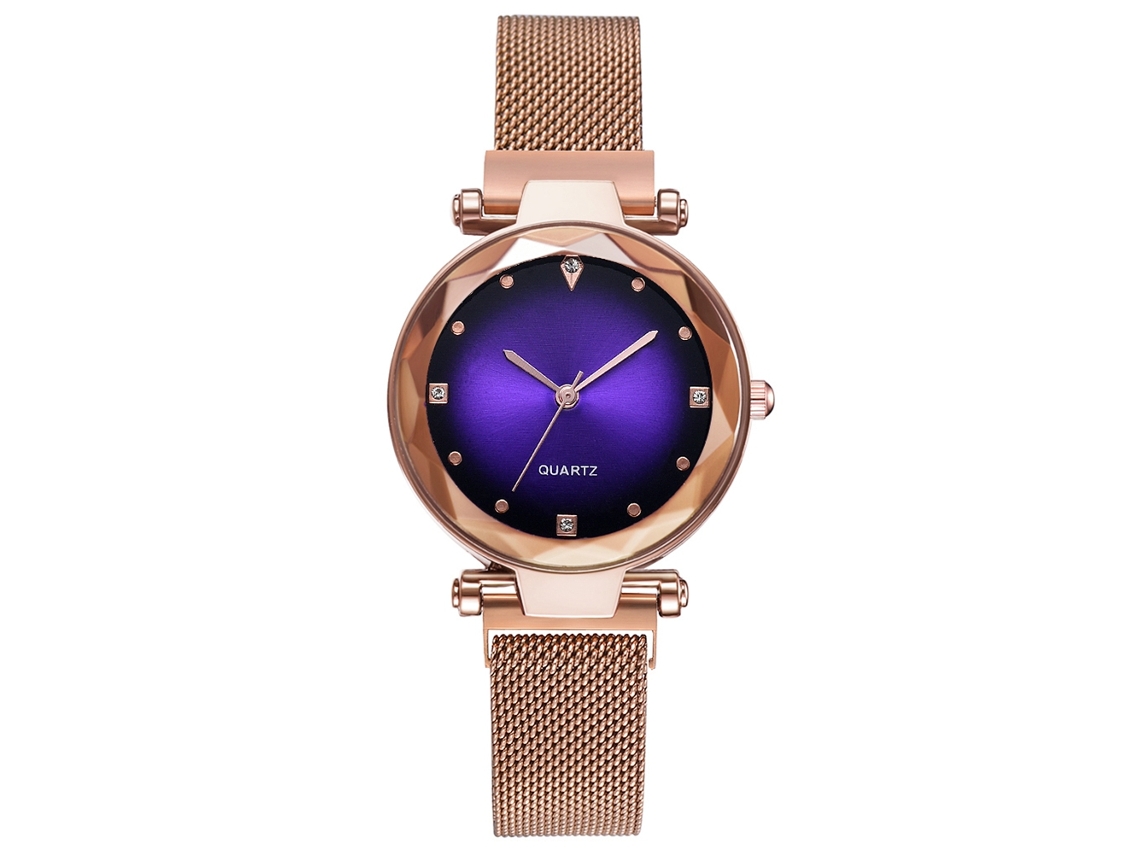 Relógio de quartzo fashion com strass e pulseira de malha dourada rosê (roxo)
